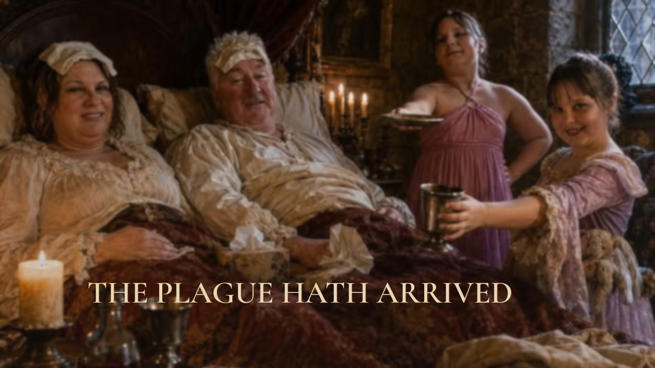 Sick parents in bed while their children bring drinks, with the words “The Plague Hath Arrived.”