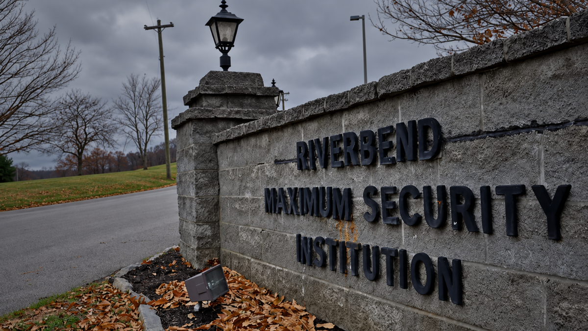 Riverbend Maximum Security Institution entrance sign near Nashville, Tennessee, beneath an overcast sky.