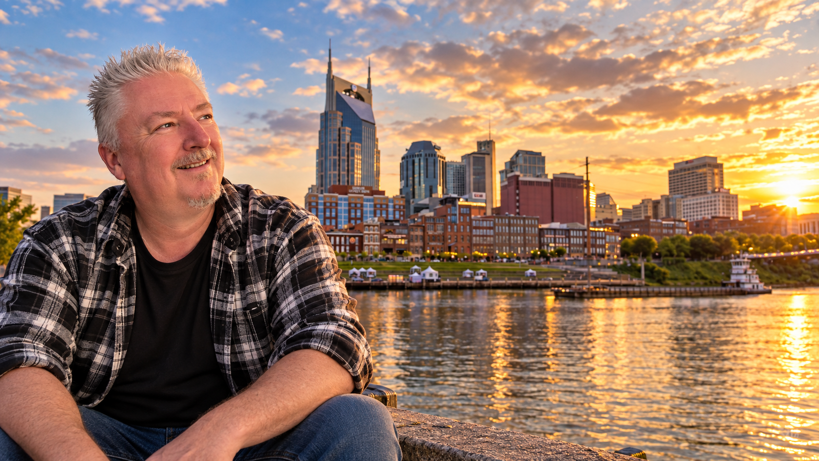 Australian creator sitting by the Cumberland River, looking toward the Nashville skyline at sunset.